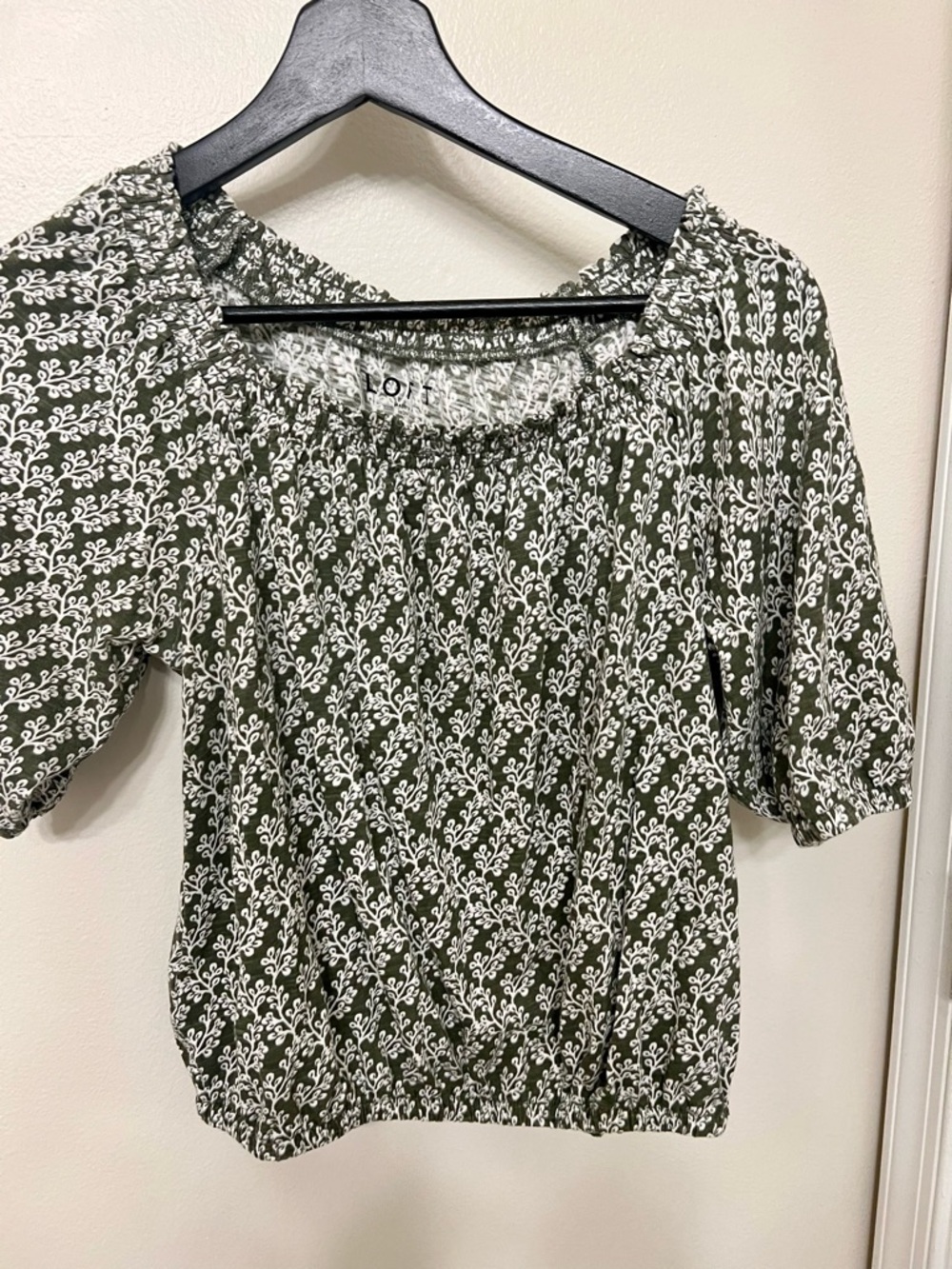 LOFT Olive and White Floral Smocked Neck Blouse